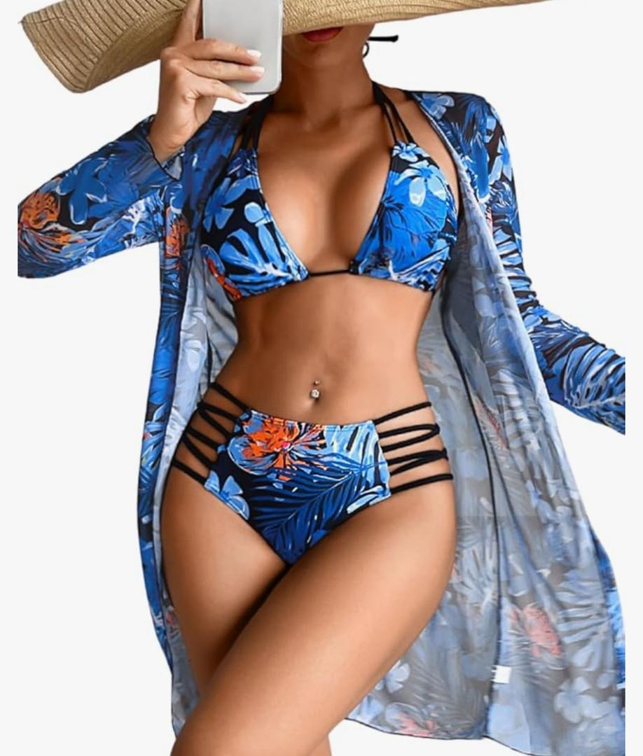 Women's 3 Piece Tropical Bikini Set with Mesh Coverup, Sexy Crisscross Cutout Swimsuits for Pool Party, Medium 