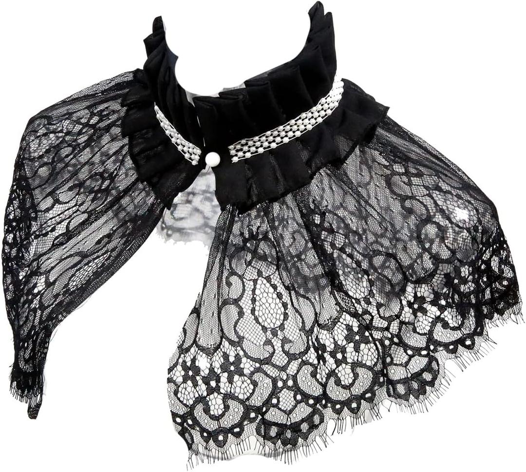 MYAYD Women's Black Lace Faux Renaissance Gothic Steampunk Medieval Victorian Ruffled Collar Accessories small cape (Black, M)