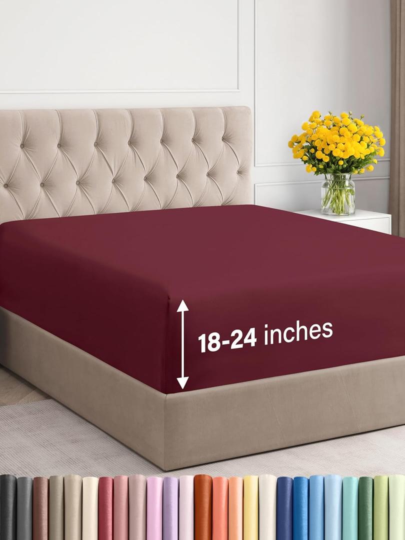 Extra Deep Queen Fitted Sheet - Hotel Luxury Single Fitted Sheet Only - Easily Fits 18 inch to 24 inch Mattress - Ultra Soft, Wrinkle & Fade Free w/Extra Deep Pockets - Breathable & Comfy - Burgundy