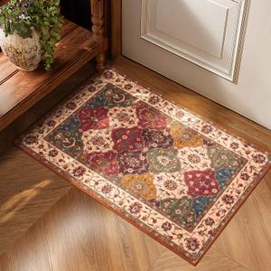 Lessymo Moroccan Washable Rugs for Entryway, Faux Wool 2x3 Small Area Rug for Kitchen Bathroom Corridor - Non-Slip Indoor Door Mat Low Plie Stain Resistant Boho Runner Rug, Classic Red and Cream