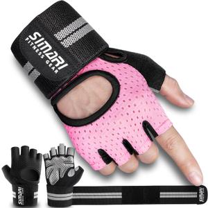 SIMARI Breathable Workout Gloves for Men Women, Padded Weight Lifting Gloves with Wrist Wraps Support, Full Palm Protection, Grip for Gym Training, Fitness, Weightlifting, Exercise Fingerless Black (Pink, L)