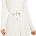 ANRABESS Women's Long Sleeve Midi Dress Crewneck Tie Waist A-Line Swing Casual Bodycon Ribbed Knit 2025 Fall Sweater Dress White Medium