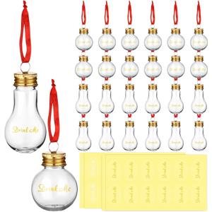 Jinei 24 Pieces Christmas Tree Fillable Hanging Ball Ornaments 50 ml Clear Plastic Fillable Light Bulb Ornament with Ribbon and Sticker for Home Christmas Holiday Party Decor