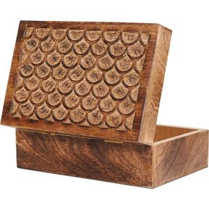 Carved Scallop Mango Wood Box with Lid - Medium Burnt Large Wooden Box - Handmade Decorative Box with Lid for Use As Memory Box, Keepsake Box, Photo Storage Box, and more - 9 x 6 x 3.5