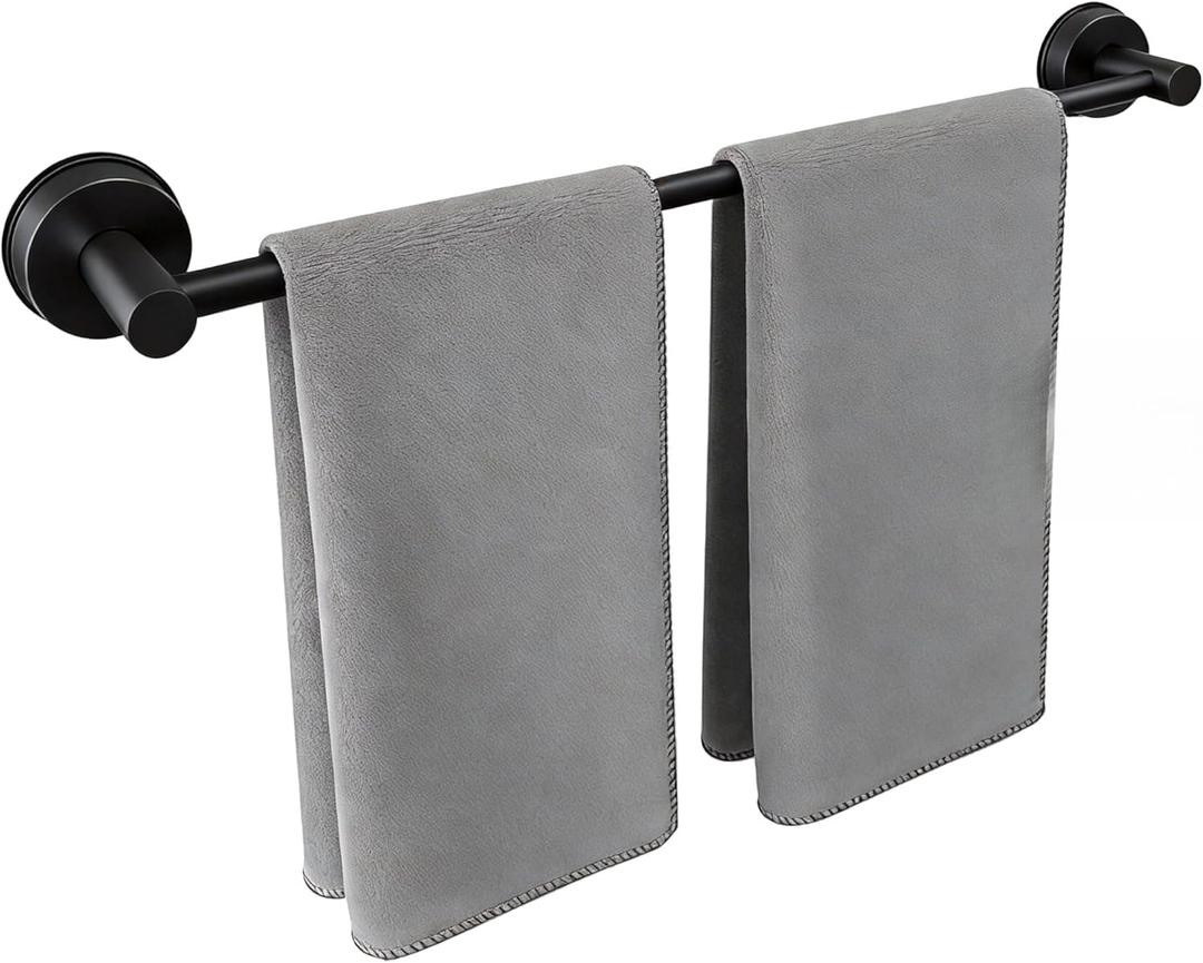 No-Drill Stainless Steel Suction Cup Towel Bar, Adjustable 14.624 Inch Bathroom Towel Rack for Glass Shower Door & Tile Wall, Heavy Duty Wall Mounted Towel Holder(Matte Black)