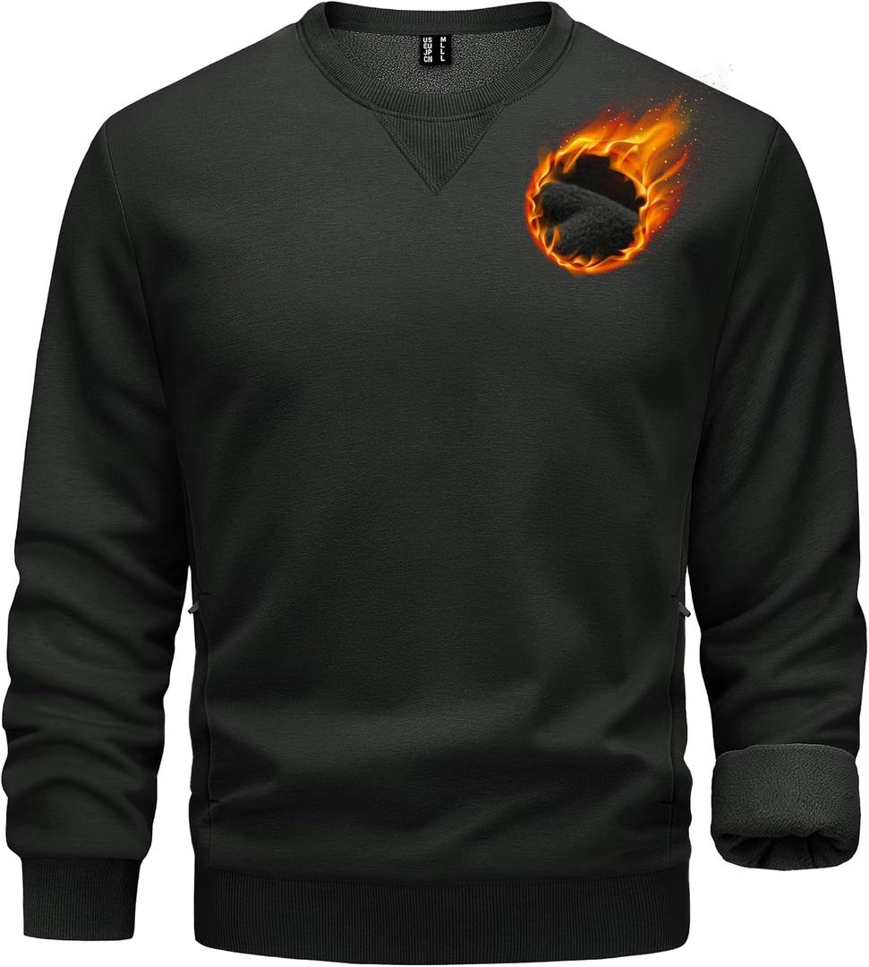 TACVASEN Men's Crewneck Sweatshirt Fleece Lined with Pocket Winter Warm Midweight Casual Long Sleeve Pullover Sweatshirt (Black, M)