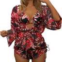 3 Piece Swimsuits for Women Sexy Leaf Print Bikini Set Mesh Cover Up Tropical Swimsuits XS-XXL (Large, Red Black)