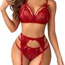Avidlove Women Lingerie Set Lace Teddy Strap Babydoll Bodysuit with Garter Belts (X-Large, Dark Red)