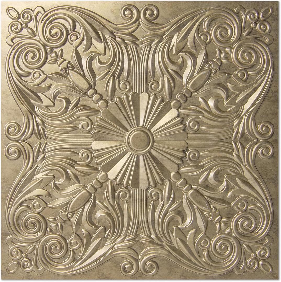 Art3d Decorative Ceiling Tile 2x2 Glue up, Lay in Ceiling Tile 24x24 Pack of 12pcs Spanish Floral in Antique Gold