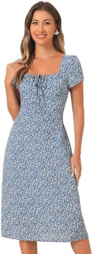 Allegra K Retro Dress for Women's Cherry Print Square Neck Drawstring Midi Dress, M, Blue