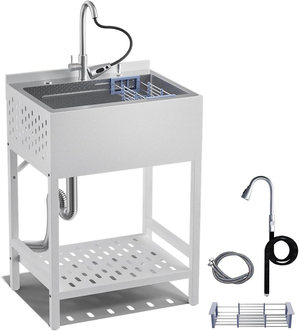 24 Inch Stainless Steel Utility Sink, Freestanding Commercial Sink with Pull-out Faucet,Heavy Duty Single Bowl Laundry Sinks for Garage,Kitchen,Outdoor, 24.21"L x 18.66"W x 35.04"H,White