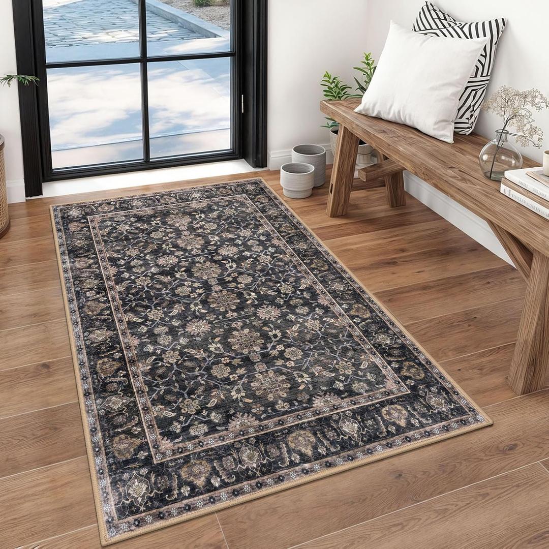 KUTA 3x5 Rugs for Entryway, Vintage Floral Area Rug Washable Non-Slip Brown Ultra Thin Soft Printed Distressed Entry Low-Pile Throw Carpet for Bedroom Nursery Living Room