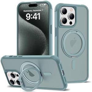 XIEWE for iPhone 15 Pro Max Case 6.7 Inches 360°Rotatable Magnetic Ring Invisible Stand,[Compatible with Mag-Safe] Military Shockproof Frosted Translucent Case,Cyan