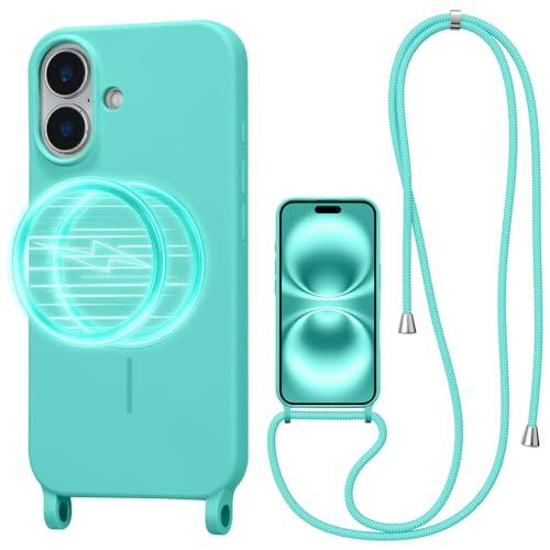 UCASONG Magnetic Crossbody Case for iPhone 16 Plus 6.7", Liquid Silicone Case with Adjustable Shoulder Neck Lanyard Strap,[Compatible with MagSafe] Shockproof Protective Phone Cover-Mint