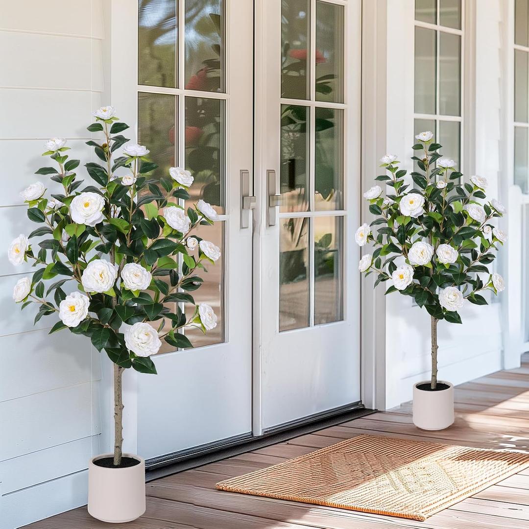 Yepdin 47 inch Artificial Camellia Tree with White Flower Pots -2 Pack White Fake Tree,4 Ft Faux Plants Indoor wich Blooming,Artificial Plants for Indoor & Outdoor Home Front Door Decor