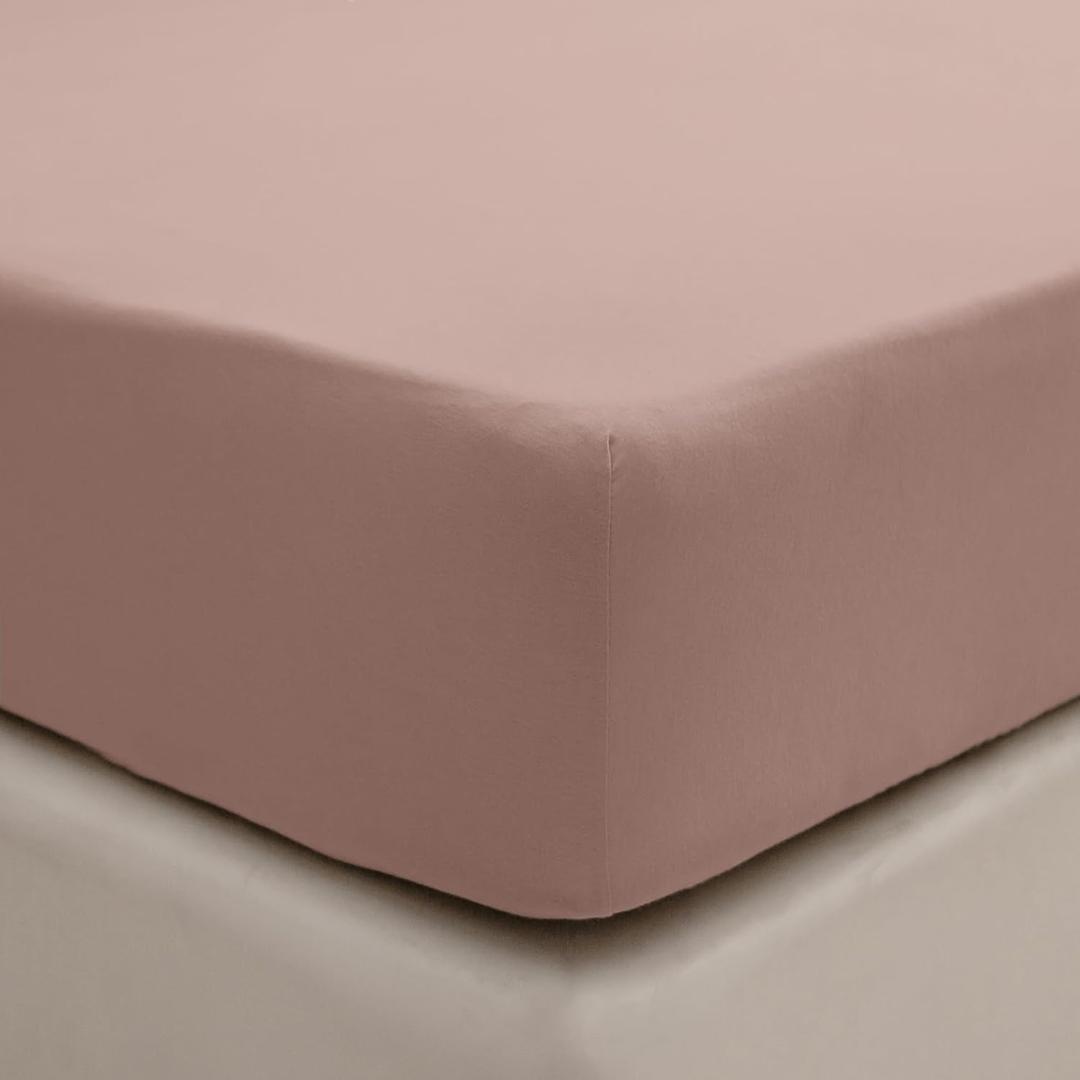 PURE ERA Jersey Knit Cotton Fitted Bottom Sheet ONLY (No Flat Sheet or Shams) - Deep Pocket Up to 15" to 20", Ultra Soft Comfy Breathable Solid Petal Pink Queen
