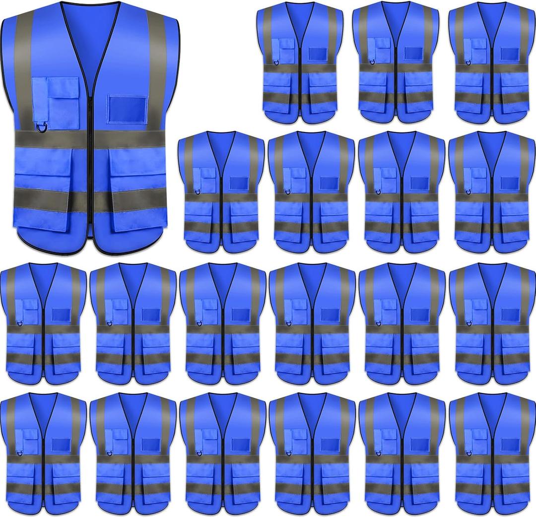 Safety Vests 20 Pack,Hi Vis Construction Vest with 5 Pockets and Zipper,Reflective Vest for Men Women Work One Size (Brown)