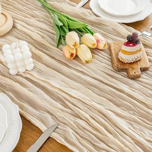 Cheesecloth Table Runner, 10 Ft Boho Rustic Gauze Table Runner Sheer Wrinkled for Centerpiece Decor, Beige, 1 Pcs