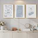 Framed Preppy Blue Wall Art for Room Decor, 3 Piece Bow Cherry Girly Artwork for Walls, Cute Aesthetic Blue Canvas Prints for Girls Bedroom Living Room Girly Room Apartment Wall Decor, 12x16 Inch