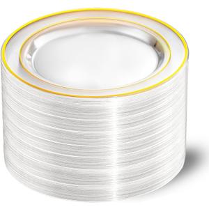I00000 60PCS Clear Gold Plastic Plates, Clear Plates With Gold Rim 10 Inch,Fancy Disposable Wedding Plate Heavy Duty Plastic Plate for Birthday, Wedding & Party
