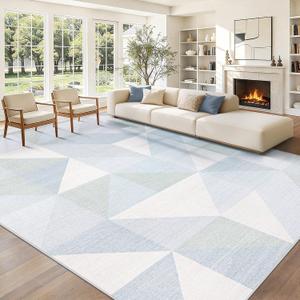 Washable Rug 9x12 Area Rugs: Modern Geometric Area Rug for Living Room Non-Slip Neutral Soft Carpet Low Pile Stain Resistant Indoor Rugs for Bedroom Nursery Dining Room Office (Light Blue, 9'X12')