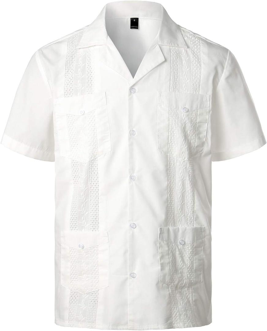 Mens Short Sleeve Button Down Cuban Guayabera Shirts (X-Large, White)