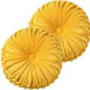 HIG Set of 2 Decorative Round Pleated Throw Pillows, Classy Accent Pumpkin Throw Pillows with Center Button, Vintage Velvet Floor Pillow for Sofa Couch Vanity Chair Bed, Yellow, 14.5" Diameter(RIPPLE)