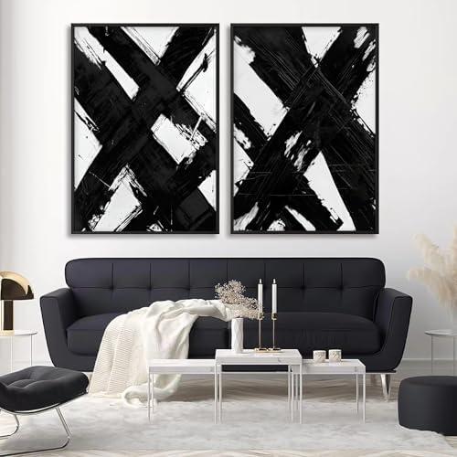 Black and White Abstract Canvas Wall Art Abstract Line Pictures Minimalist Black and White Painting Mid Century Modern Artwork Line Art Prints Modern Abstract Posters, 16x24in x 2, No Frame