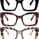 REAVEE Oversized Square Reading Glasses for Women, Blue Light Blocking Large Frame Computer Readers Spring Hinge (Black/Leopard/Grey Leopard)
