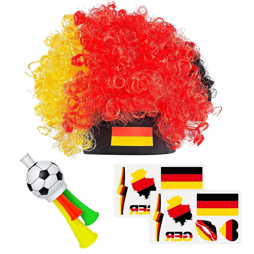2026 Soccer Fan Gear Set, Germany Flag Clown Wig, Temporary Tattoos & Loud Horn, Cheer Accessories for International Football Matches, Stadium Parties & Global Tournament Celebrations 5