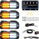 BooYu 4-pcs Sync Feature LED Emergency Strobe Lights Ultra Slim Grille Surface Mount Flashing Warning Hazard Light Bar w/Controller for Construction, Firefighter, Trucks, Vehicles, Car (Amber/White)