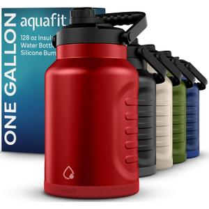 AQUAFIT 1 Gallon Insulated Water Bottle (Cold for 48 Hrs) - BPA Free & Leak Proof - 128oz Stainless Steel Jug - Big Water Bottle with Handle for Gym, Hiking, Camping & Travel (Hydrant Red)