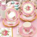200Pcs Floral Tea Cups and Saucers for Tea Party Supplies, Disposable Tea Cups with Handle and Paper Napkins Dinnerware for Floral Theme Birthday Wedding Bridal Shower Baby ShowerPink