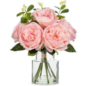 Hollyone Real Touch Peonies Artificial Flowers Arrangements in Vase Pink Fake Peonies with Glass Vase Silk David Austin Roses Faux Flowers with Faux Water Bouquet Table Floral Centerpiece Home Decor