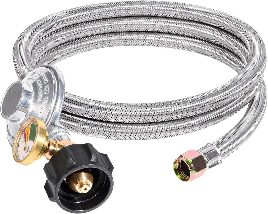 DPB 6 Ft Propane Regulator Stainless Steel Braided Hose with Propane Tank Gauge and 3/8" Female Flare Nut for QCC1 LP Gas Grill, Heater and Fire Pit Table (Stainless Steel, 6Ft)