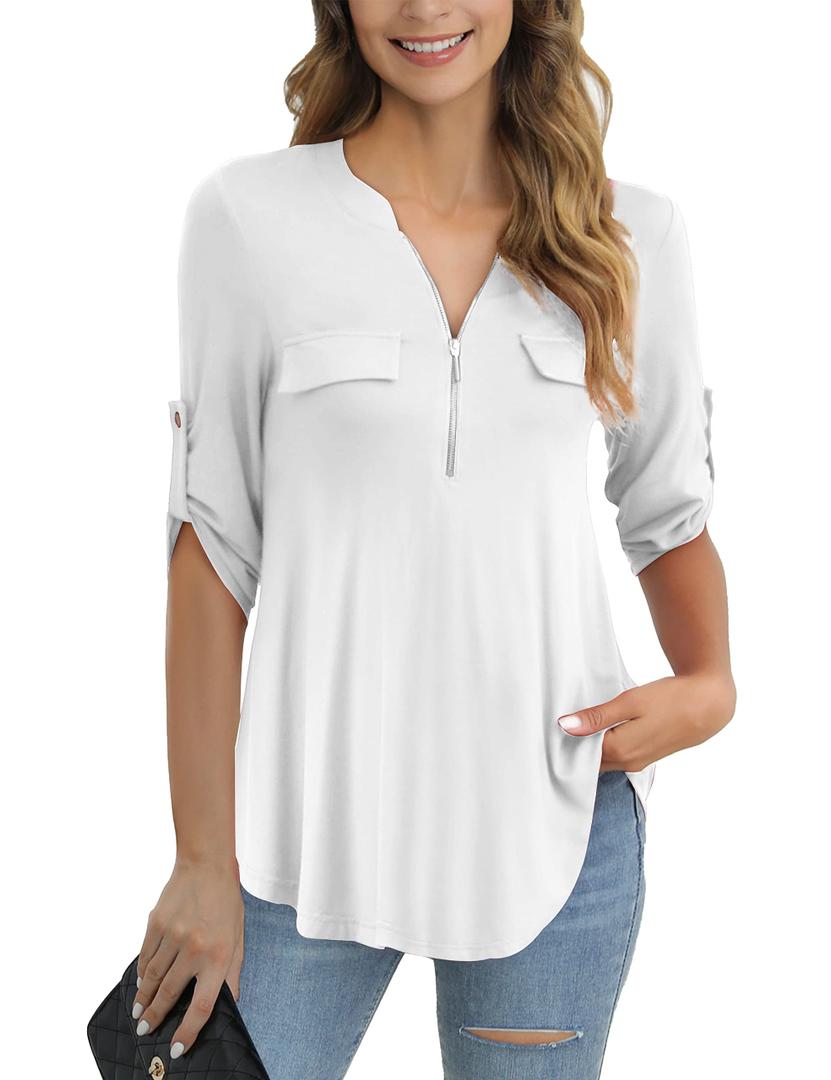 a.Jesdani Women's Plus Size Tops 3/4 Roll Sleeve V Neck Blouses Tunic Top (M)