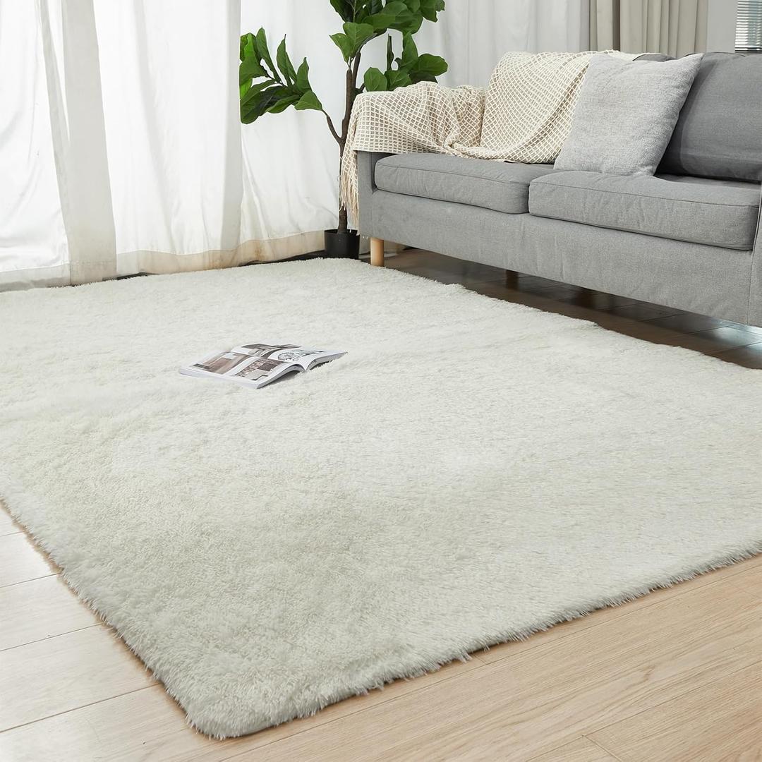Shag Area Rug 3x5 Feet, Fluffy Shaggy Rugs for Bedroom Nursery Dorm Room, Anti Slip Bedside Rug for Kids Girls and Boys, Cream