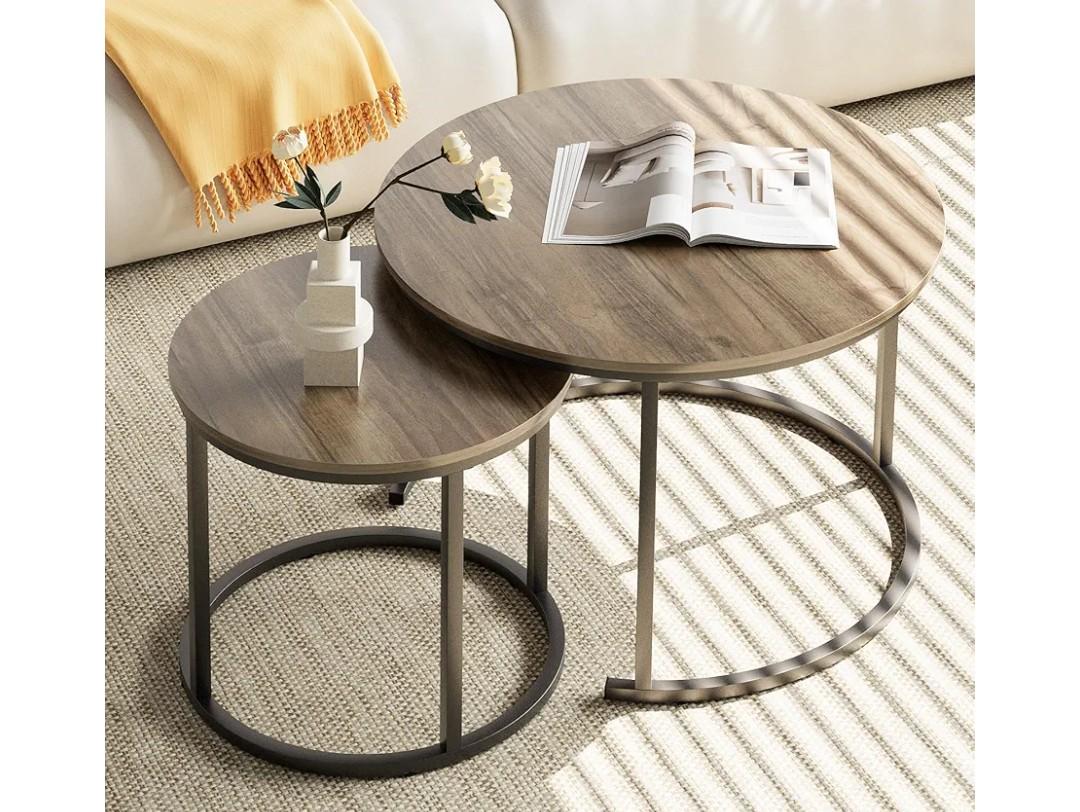 aboxoo Coffee Table Nesting Side Round Table Set of 2 End Table with Sturdy Metal Frame for Living Room Bedroom Apartment Modern Industrial Simple Nightstand, Oak