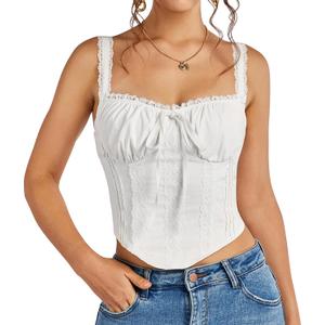 KUTUMAI Lace Corset Top Y2K Cute Square Neck Bustier Going Out Tank Crop Tops for Women Trendy Summer (White, L)