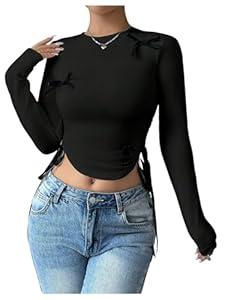 Verdusa Women's Asymmetrical Hem Long Sleeve Top Bow Tie Drawstring Side Y2K Tee Shirt Tops (White)