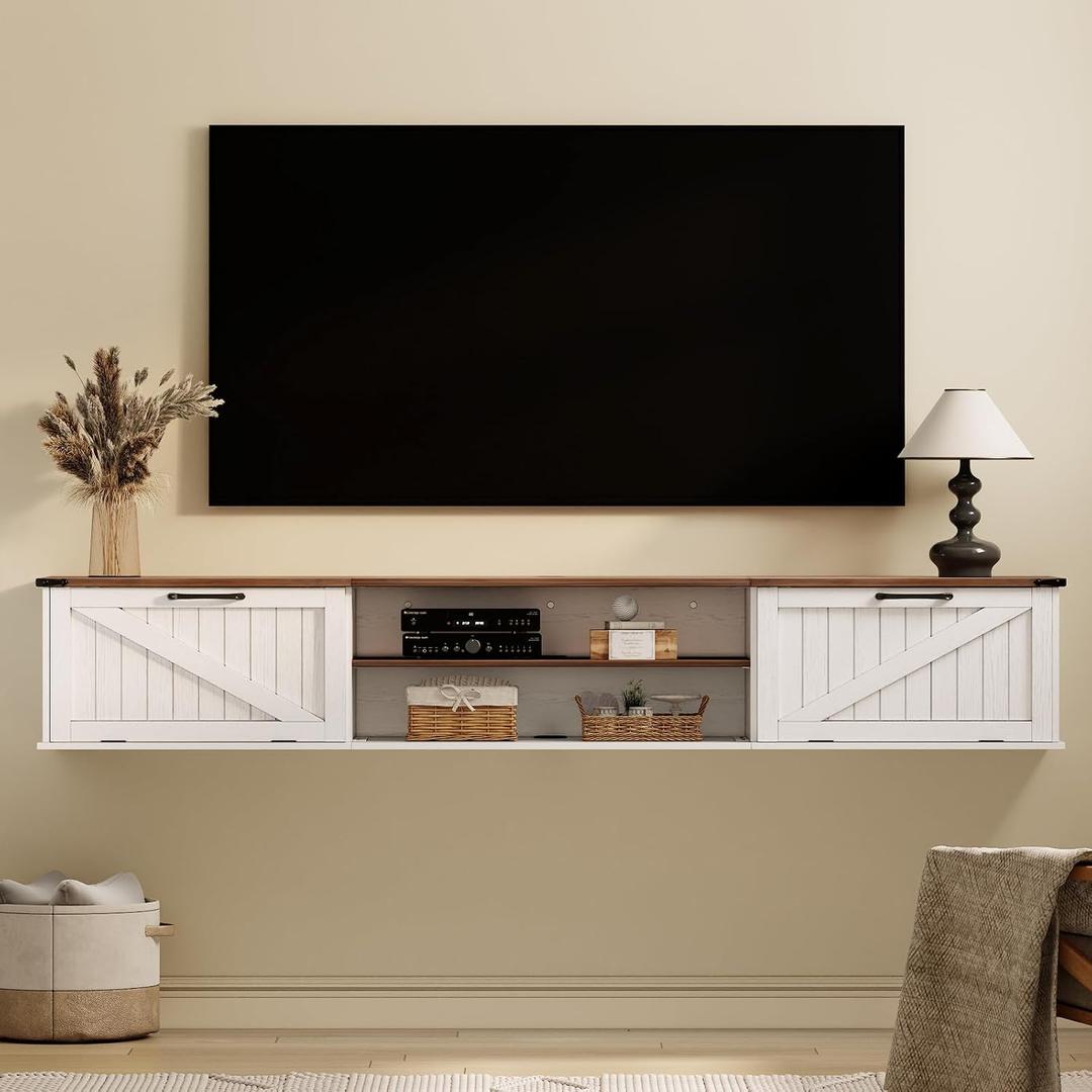 70" Farmhouse Floating TV Stand with Filp Doors for TVs up to 90", White