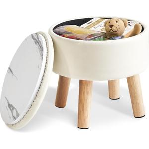IBUYKE 13 Inch Foot Stool Ottoman with Storage, Round Small Foot Rest with Padded Seat and Wood Legs, PU Faux Leather Mini Footstool for Living Room Couch Bedroom Entryway, Beige WBD023W