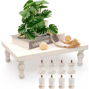 Wooden Riser Decorative Tray, Farmhouse Wood Pedestal Stand, Rustic Whitewashed Tray Riser Display Stand, Coffee Bar, Dining Room, Centerpiece, Kitchen, Bathroom Table Decor (Washwhite)