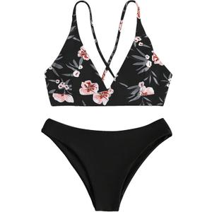 SweatyRocks Women's Sexy Bathing Suit Floral Print Cross Back Bikini Set Swimsuits (Black, M)