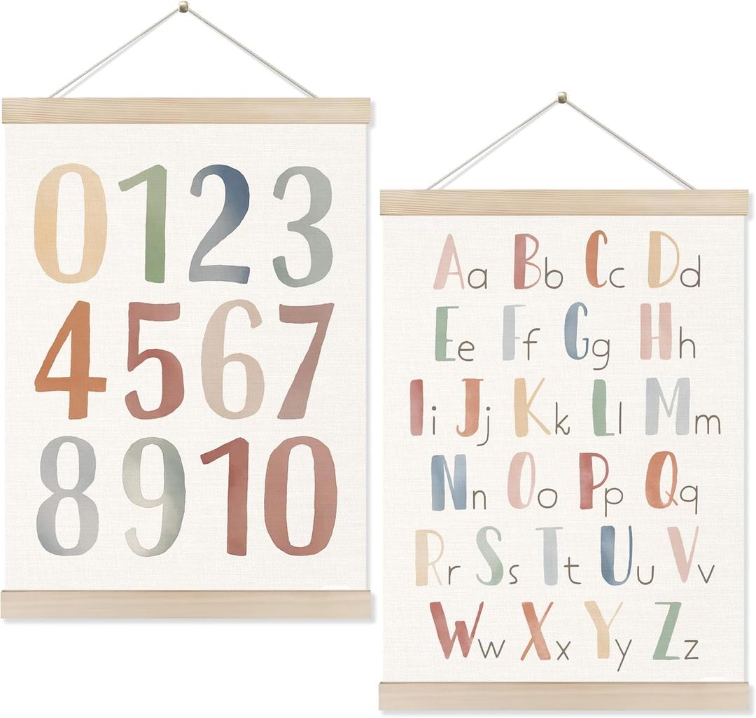 Koesus Boho Classroom Alphabet Numbers 1-10 Wall Art Poster Hanger Frame 12x16 Inch Set of 2, Educational Canvas Pictures Prints Framed Wall Decor for Toddler Kids Room Nursery Classroom Playroom