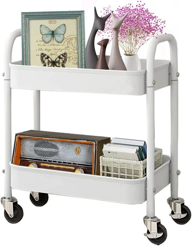 2 Tier All-Metal Rolling Cart, Rolling Storage Cart with Handle and Locking Wheels Kitchen Cart Laundry Office Bathroom Storage Organizer Cart, White