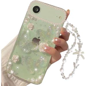 Changjia for iPhone Air Clear Glitter Case, Cute Girly 3D Butterfly Floral Flowers Crystal Pearl Bling Sparkle with Wrist Strap Soft TPU Aesthetic Women Girls Phone Case for iPhone 17 Air 6.5", Clear