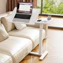Foldable Overbed Table with Wheels, Pneumatic Height Adjustable Overbed Bedside Table, Tilting Desktop Mobile Standing Desk, Rolling Laptop Desk for Bed, Sofa, or Hospital Use (White), 27.48 x 14.17 x 41.06 inches