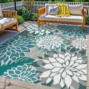 Colorful 8x10 Outdoor Area Rug Washable Multicolored Patio Rug Tropical Botanical Floral Chenille Waterproof Outdoor Carpet Non-Slip for Deck, Backyard, Porch, Teal