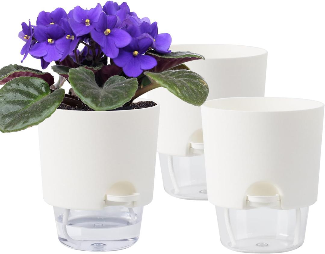 Plant Pots Indoor 3 Packs Self Watering Pots for Indoor Plants 4.8 inchs, African Violet Pots Planter with Visible Reservoir Self Watering Planter for Herb, House Plant Planting (Off White)